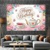 2D Flat Tea Party Happy Birthday Banner Floral Teacup & Butterfly Backdrop for Garden Tea Party