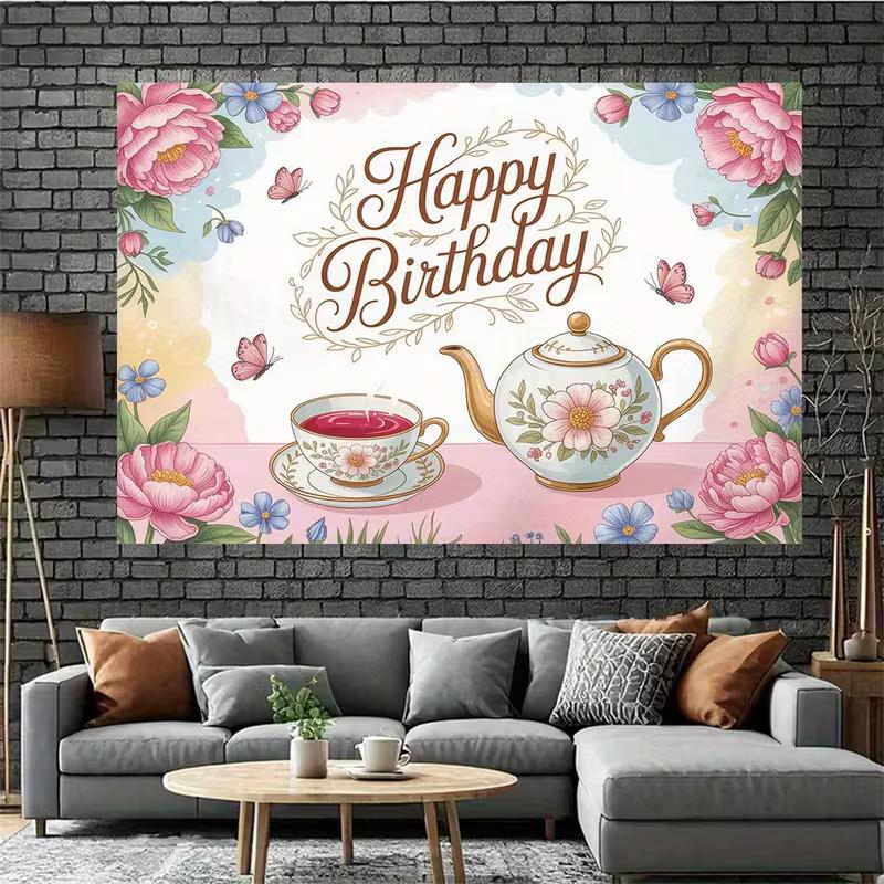 2D Flat Tea Party Happy Birthday Banner Floral Teacup & Butterfly Backdrop for Garden Tea Party