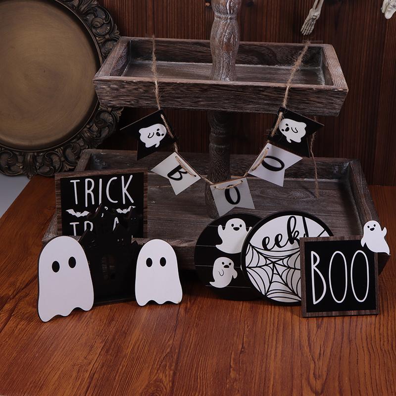 Halloween Tiered Tray Decor Set Cute Wooden Black White Tray Wooden Sign Ghost Wooden Halloween Theme Party For Home Decoration