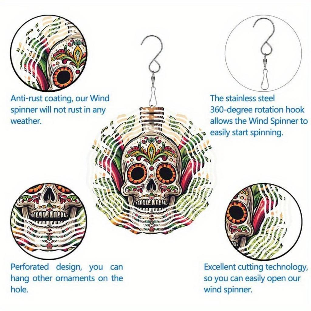 Day of the Dead Skull Metal Wind Chime Outdoor Hanging Decor with Vibrant Floral Patterns 360 Rotating Hook for Garden Patio Yard