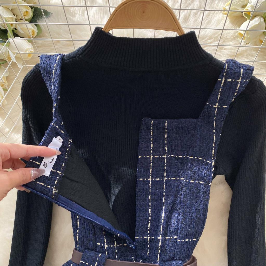 Fall Winter Women Sweater Dress Set Casual Knitted Pullover Tops + Plaid Tweed Dress 2 Piece Outfits Female With Belt