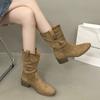 Star with the Same Inner Height Increase of 4cm Versatile Retro Square Round Head Flat Bottom Soft Thin Boots Tall Knight Boots Women