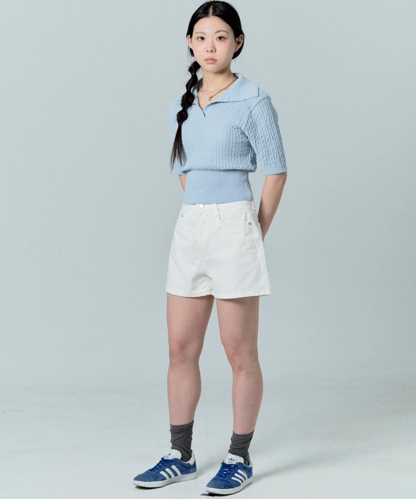 Tobaseu Boucle Cotton Cable Collar Short Sleeve Knit (Sky Blue)