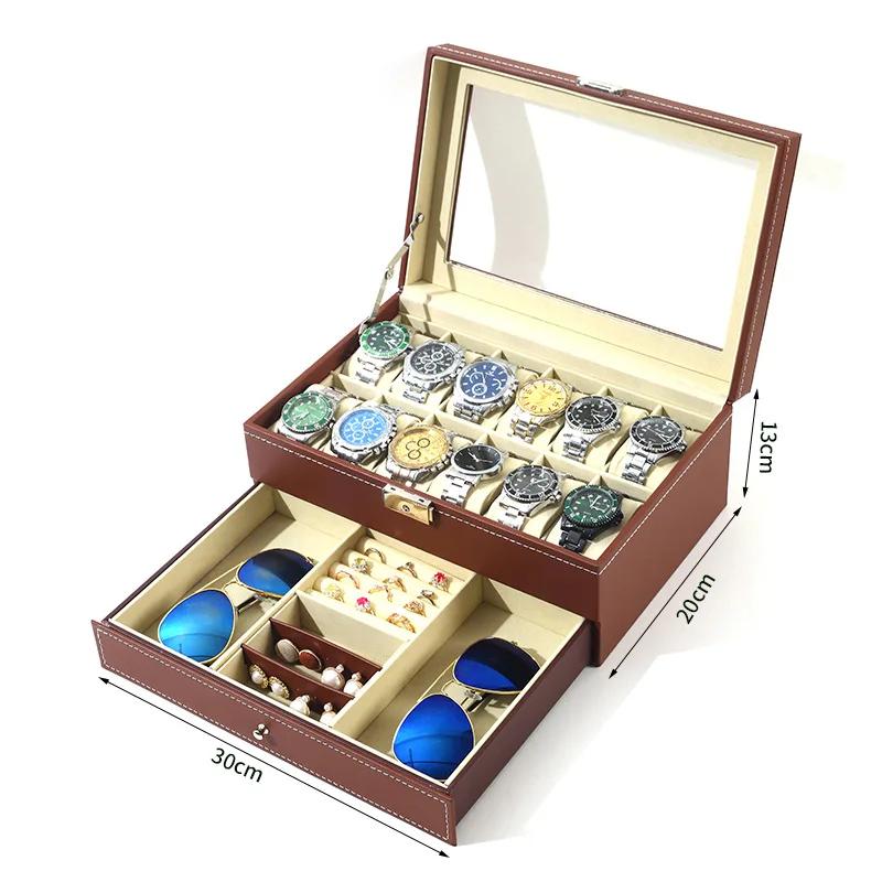 New 12 Slot Leather Lockable Watch Storage Boxes,Men & Women's Jewelry Display Drawer Case, 2-Tier Organizer Watch Showcase