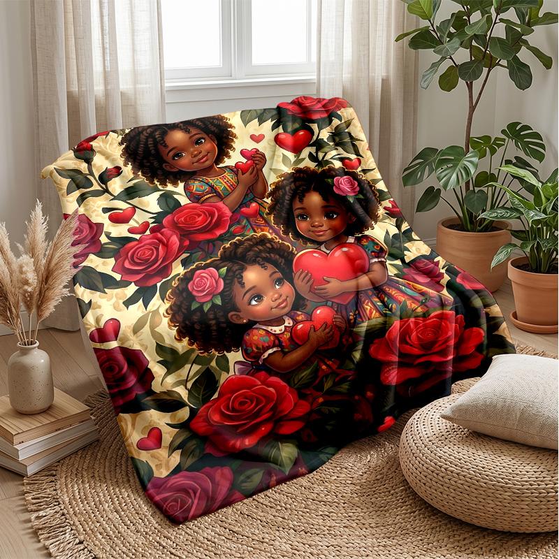 Girl on Crescent Moon with Roses Theme blanket Lightweight Warm Flannel Blanket Decorative Throw Blanket for Home Decoration