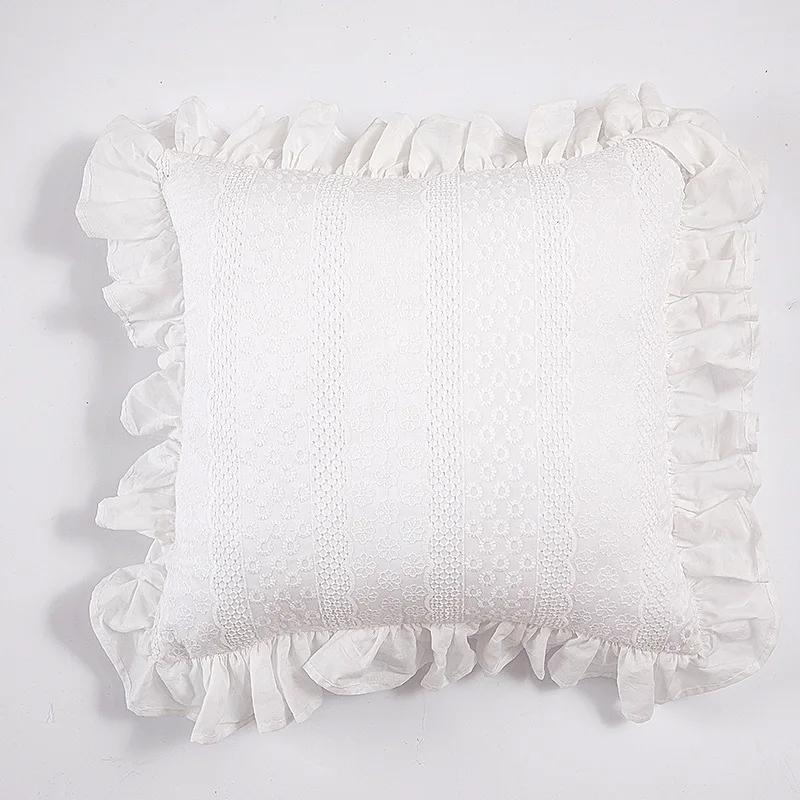French Pastoral Cushion Covers Embroidered White Ruffle Edge Cotton Princess Throw Pillow Case Bed Dining Room Chair Decoration