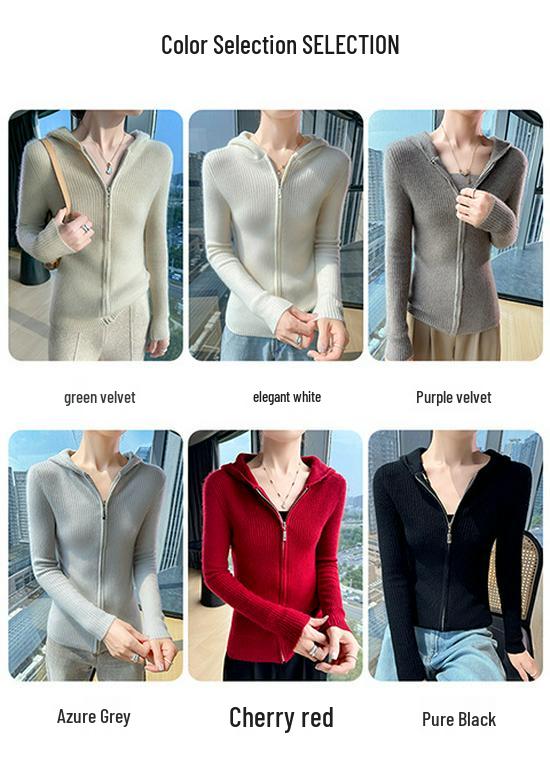 Women's Slim Fit Cashmere Wool Hooded Cardigan - 100% Pure Wool, Zippered, Autumn/Winter Knit Sweater Coat