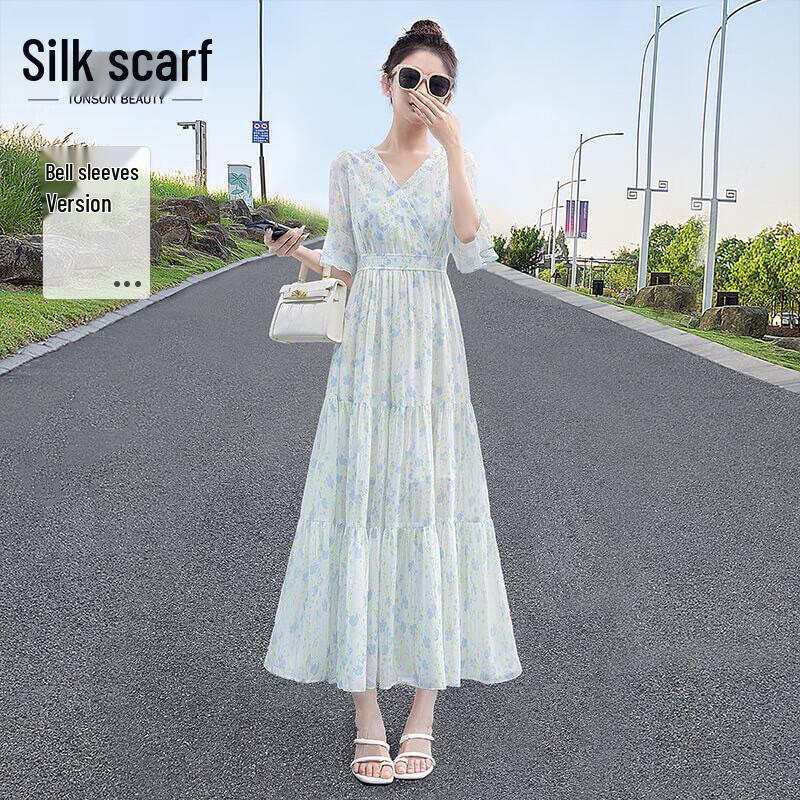 Elegant V-Neck Floral Flared Sleeve Maxi Dress S