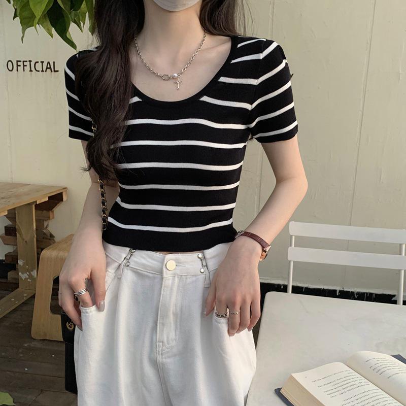 Women's Striped Knitted Short-Sleeve T-Shirt - Trendy Summer 2022 Slim Fit Top
