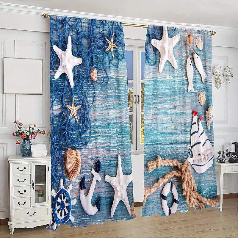 Starfish Fishing Boat Background Pattern Printed Curtains, Window Decorations, Home Decorations, Room Decorations