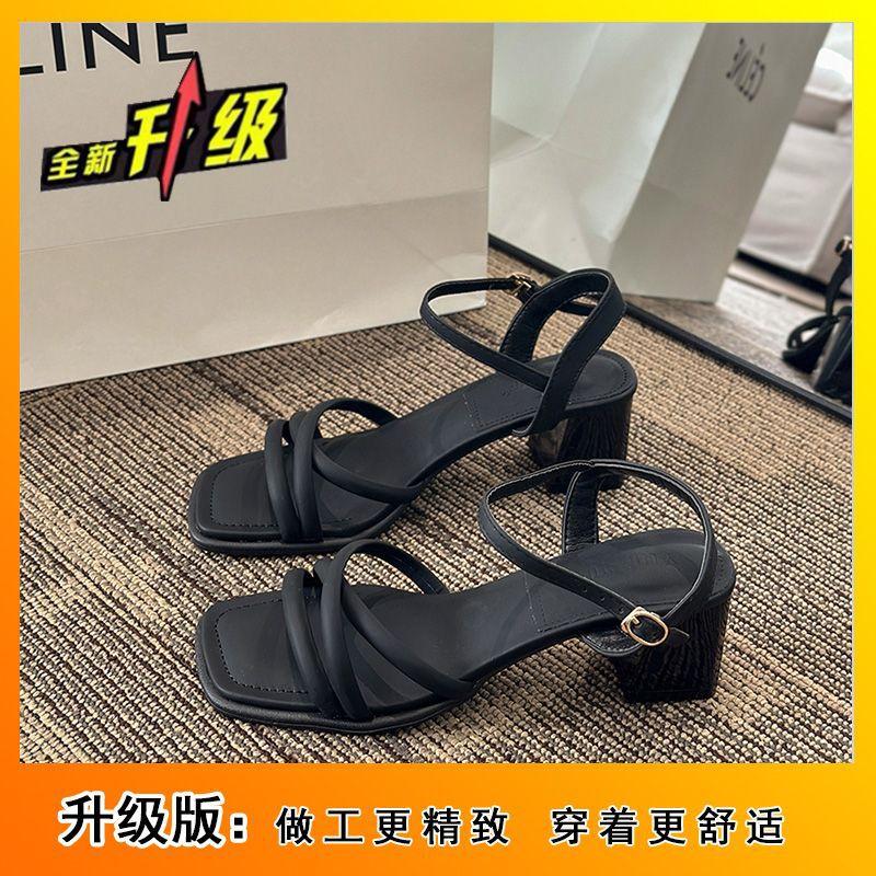 thick heel square head white fairy sandals female medium heel French temperament one word with high heels new in spring and summer 2025
