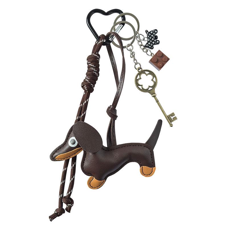 Leather Cartoon Dachshund Keychain with Woven Rope Pendant