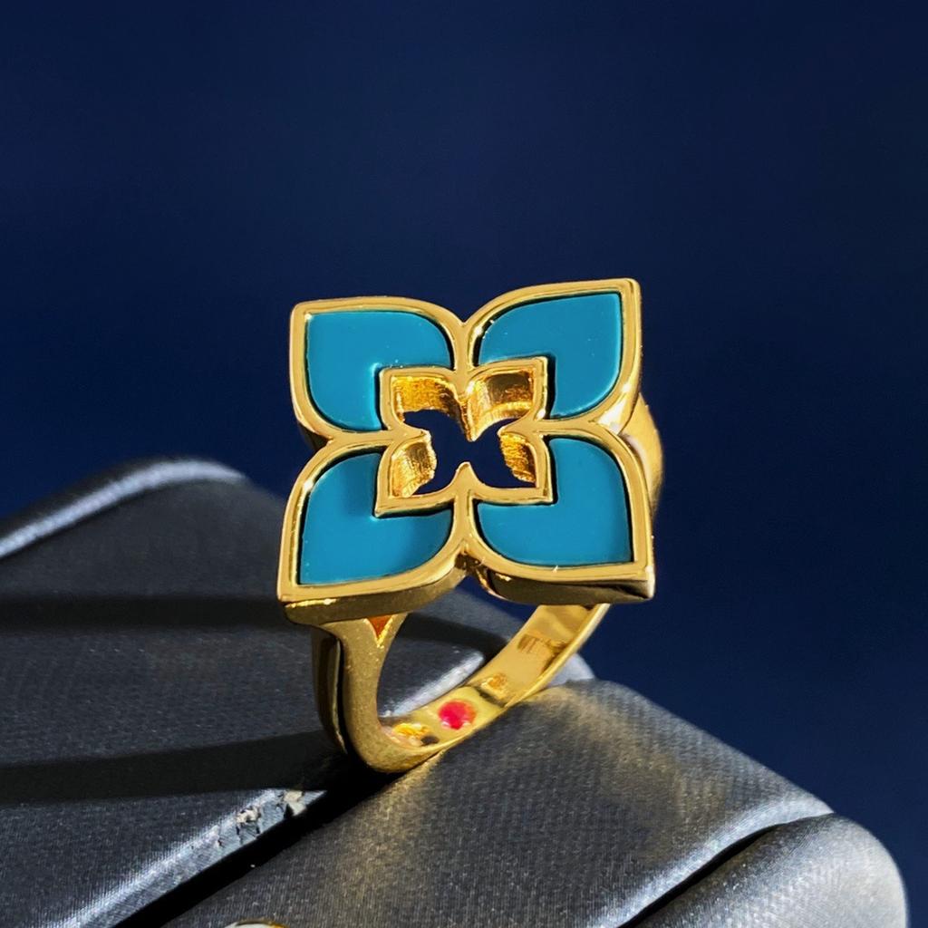 ] Multi-colored Four-leaf Clover Hollow Ring, Four-petal Flower Diamond Ring, Gold-plated Process, Advanced Texture