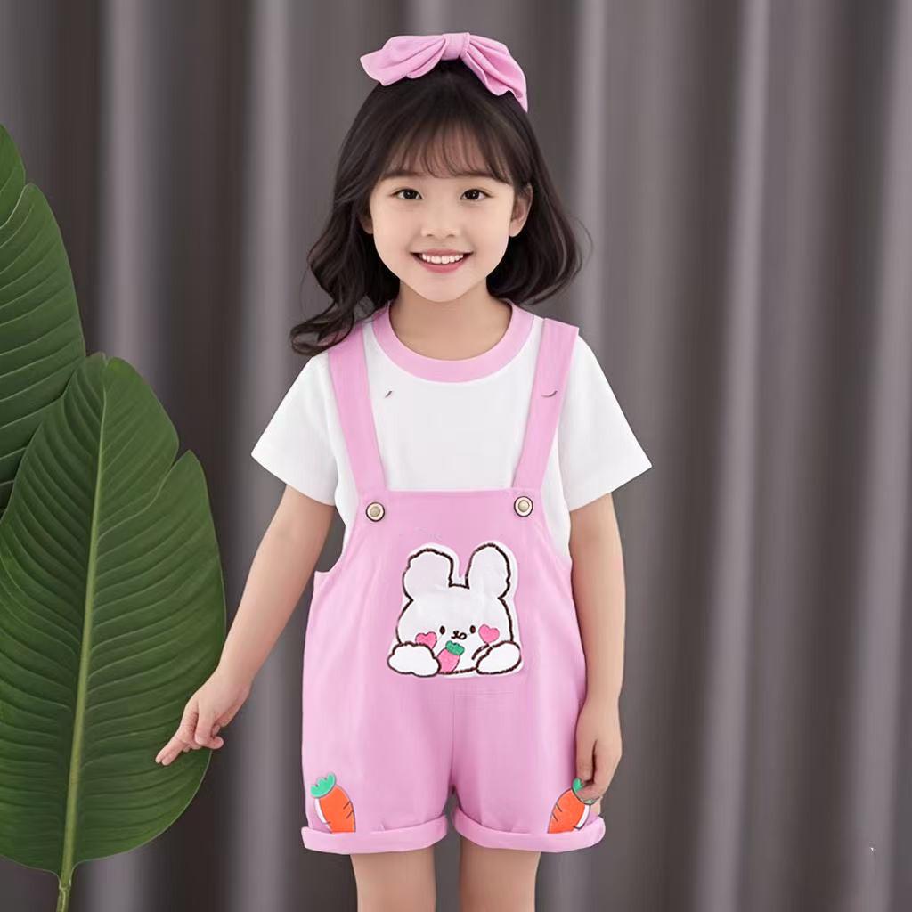 Girls' summer short sleeved set, new baby carrot rabbit overalls, girls' summer two-piece set