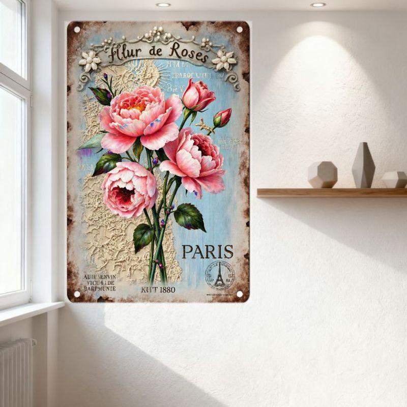 Vintage Fleur de Roses Metal Tin Sign Paris Eiffel Tower Peony Bouquet Decor AUTEUR VINTAGE KUTT 1880 Home Bar Cafe Wall Plaque