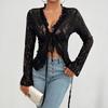 Womens Sexy Open Front Tie Long Sleeve Ruffle Trim Sheer Lace Crop Tops Blouse