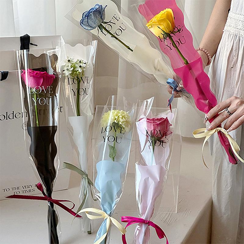 50 Pcs Iridescent Single Rose Sleeves DIY Transparent Flower Wrapping Bag Floral Material Packaging Waterproof