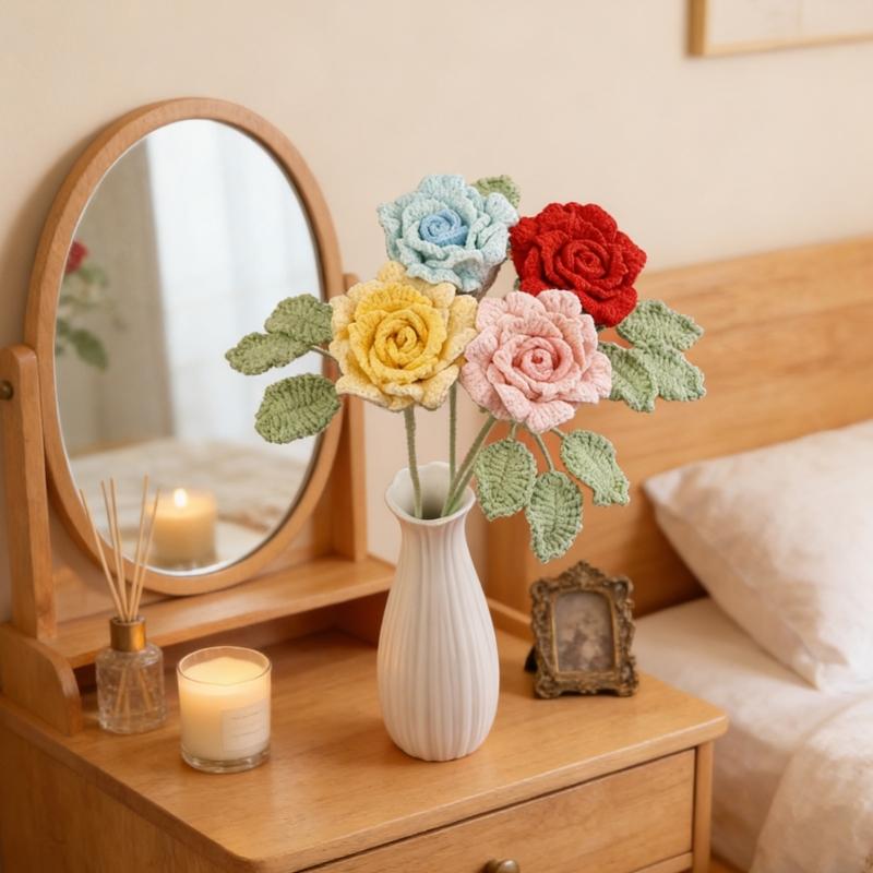 Handmade Knitted Flower Crochet Rose Flowers Artificial Flowers Home Decors Single Rose Flower Gift for Birthday Wedding