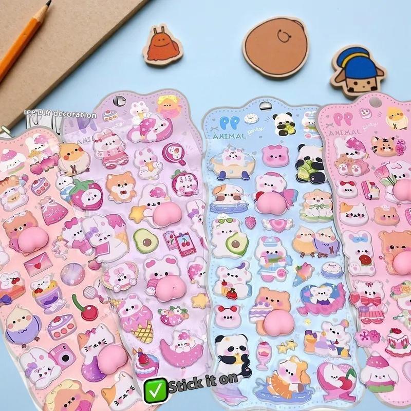 1/4Pcs Stereoscopic Cute Animals Fart Peach Stereo Relieve Stress Decals Cartoon 3D Relief Sticker DIY Decor Stickers Supplies