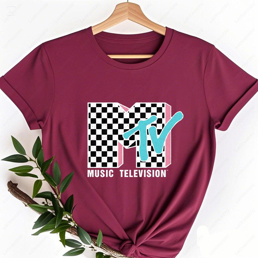 MTV Neon Distressed Karomuster Logo Grafik Damen Hemden Retro 80er 90er MTV Familienpassendes T-Shirt Vintage MTV Geburtstagskind Oberteile