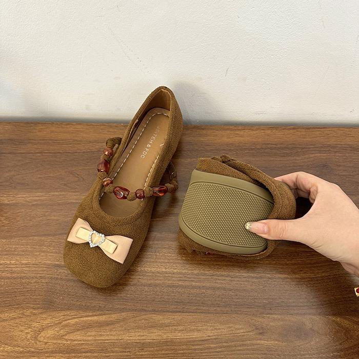 Fashion Beaded flat shallow toe single shoes for women 2025 new style with gentle bow and skirt, Mary Jane Bean shoes