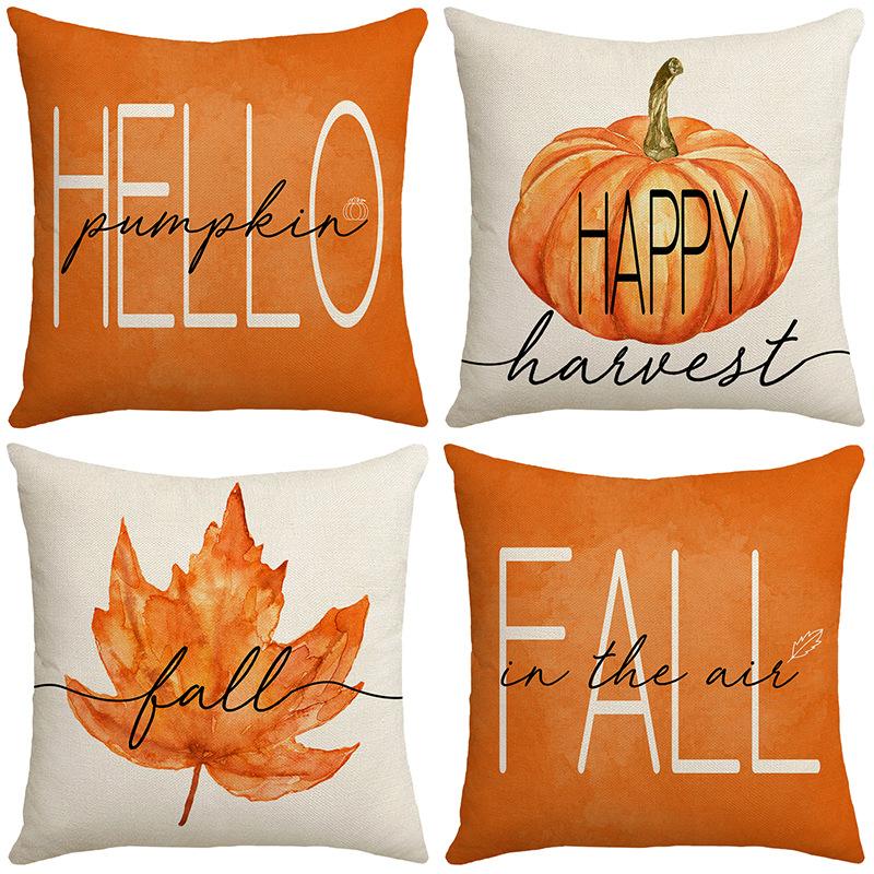 New Autumn Pumpkin Maple Leaf Orange Linen Printed Pillow Thanksgiving Home Sofa Pillow Cover