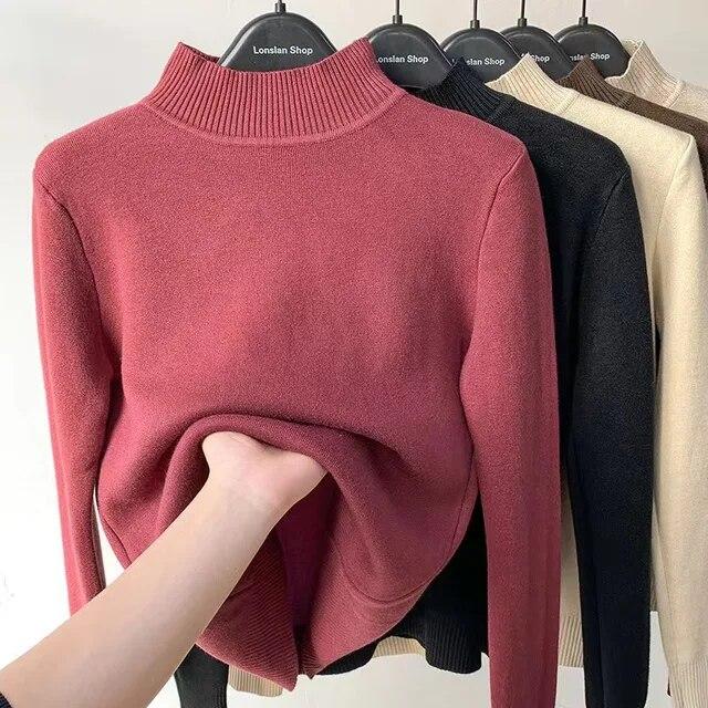 Thicken Velvet Turtleneck Sweater Women Korean Fashion Lined Warm Sueter Knitted Pullover Slim Top Winter Jersey Knitwear Jumper