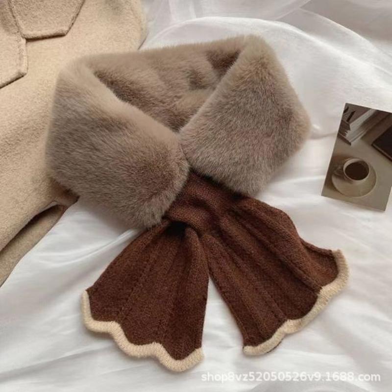 Women Winter Warm Thicken Cross Collar Neck Warmer Solid Color Faux Rabbit Fur Plush Elegant Knitted Shawl Scarfs