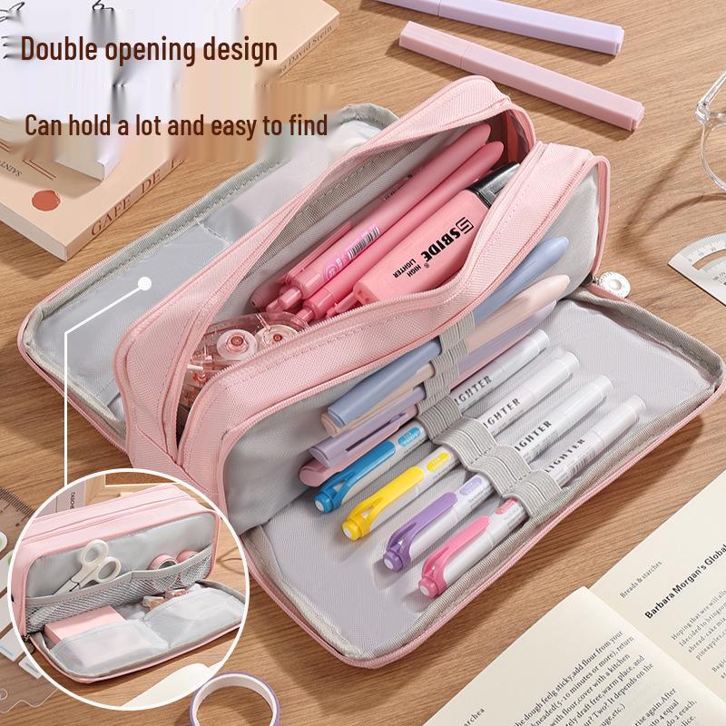 Large Capacity Three-Layer Zipper Pencil Case with 8 Pen Slots and 4 Inner Pockets in Oxford Cloth, Available in Multiple Colors