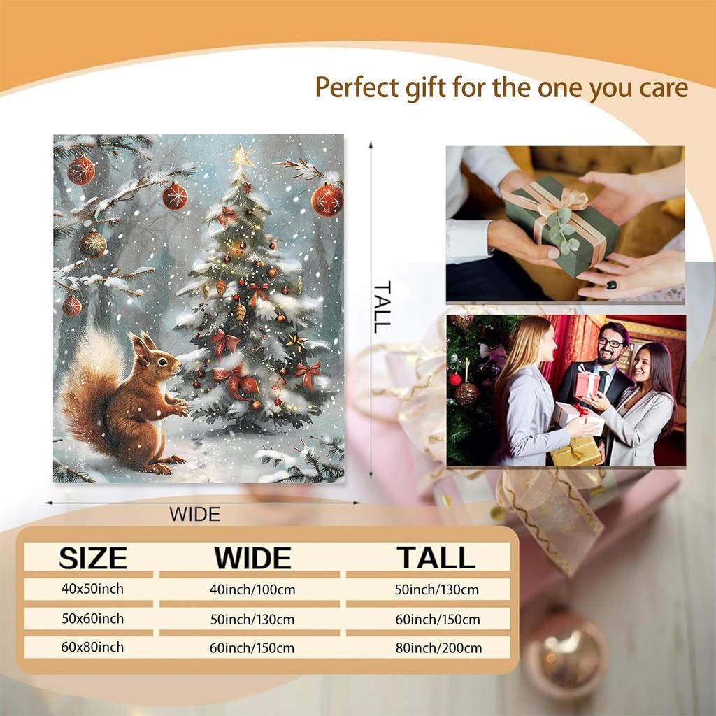Squirrel and Christmas Tree Blanket Gifts for Adults Women Girls Kids,Winter Forest Holiday Flannel Blankets for Bedroom,Camping