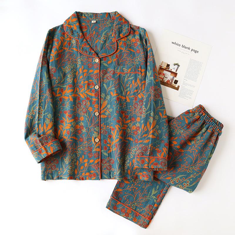 Floral Jacquard Cotton Cardigan & Loungewear Set for Middle-Aged Women