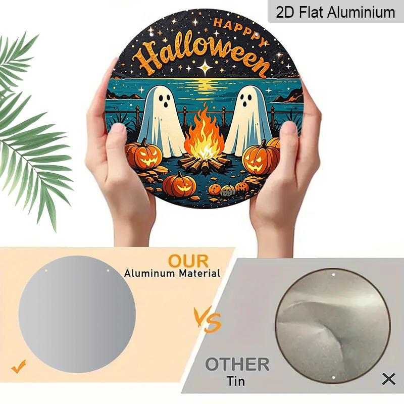 2D Flat, 1pc Decorative Plaques and Ornaments Sign, Round Aluminum Happy Halloween Coastal Ghost Hanging Plaque, Campfire Pumpkin Starry Farmhouse