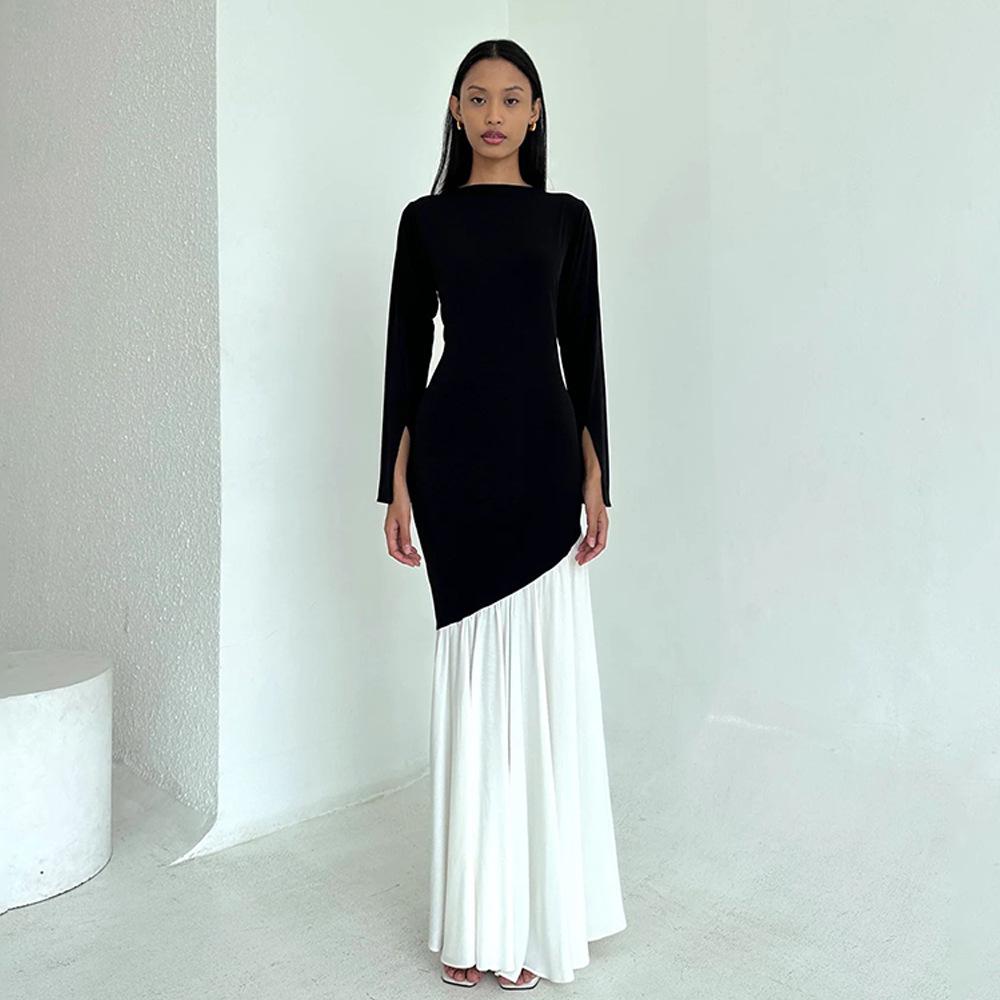 

2024 Европейский и американский стиль Осень/Зима Женское платье с круглым вырезом, длинным рукавом, облегающее, комбинированное Small чёрный