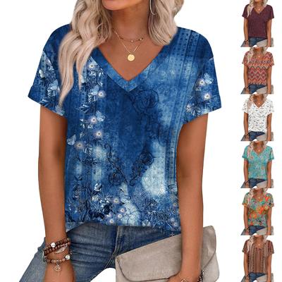 Damen V-Ausschnitt Kurzarm Freizeit-Oberteil Leicht Lockerer Pullover Bluse mit Aufdruck für Frühling Sommer