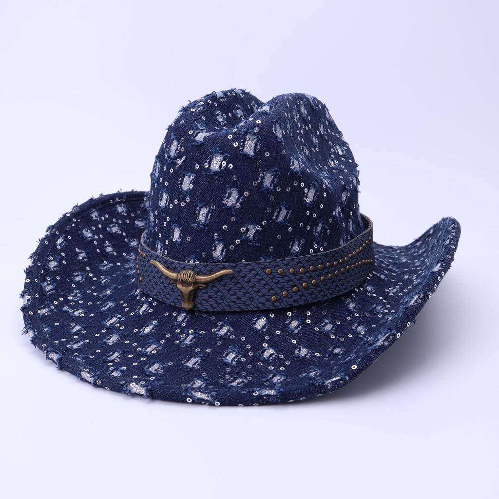 High-Quality Old Denim Ripped Western Denim Hat Fashionable Black Cow Head Belt Jazz Hat European And American Style Top Hat