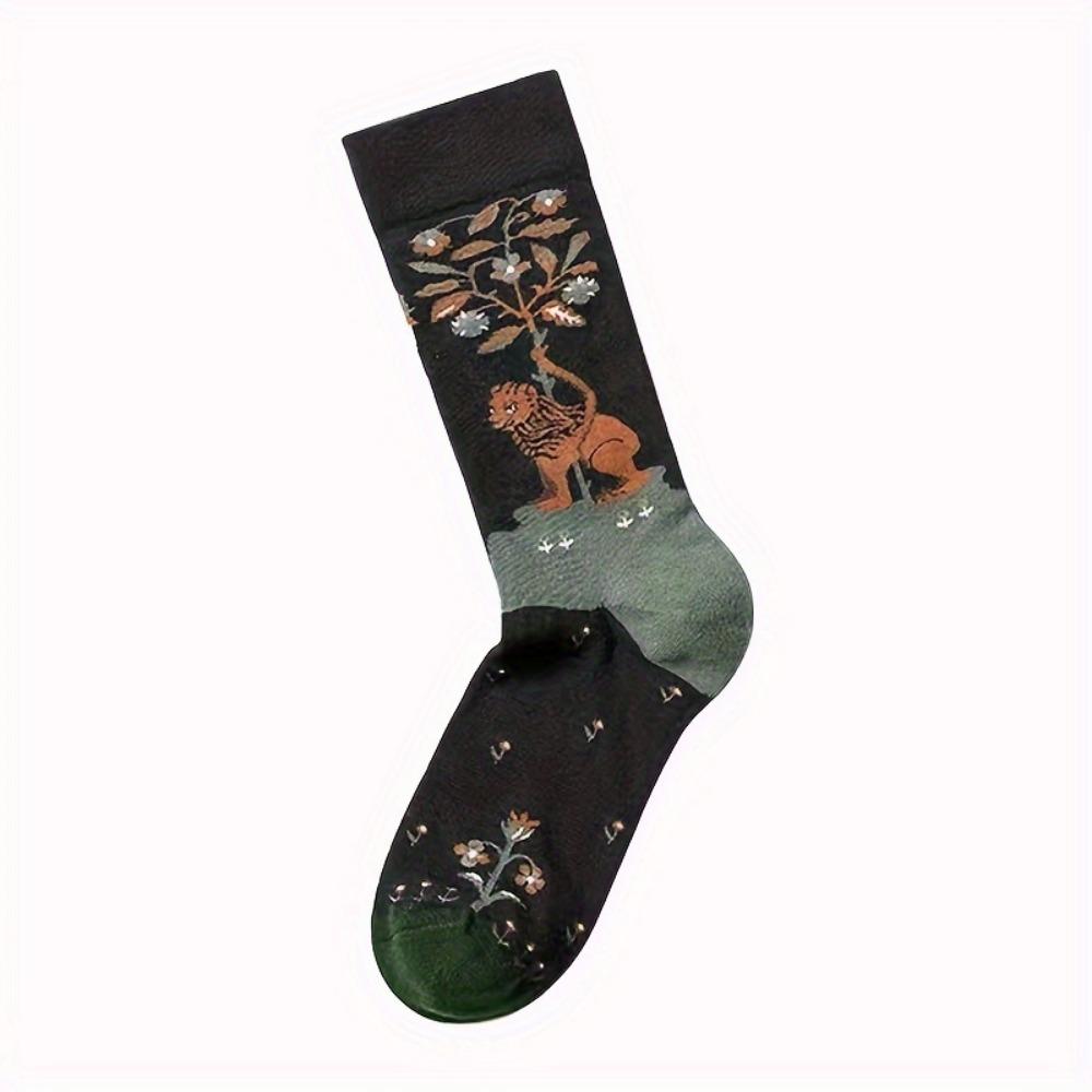 4 Pairs Creative Retro Oil Painting Socks, Comfy & Breathable Mid Tube Socks, Women's Stockings & Hosiery