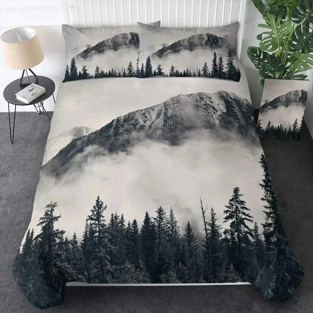 Comforter Smoky Mountain Misty Forest Bedding Set Full Queen Size Grey Trees Natural Scenery Art Comforter