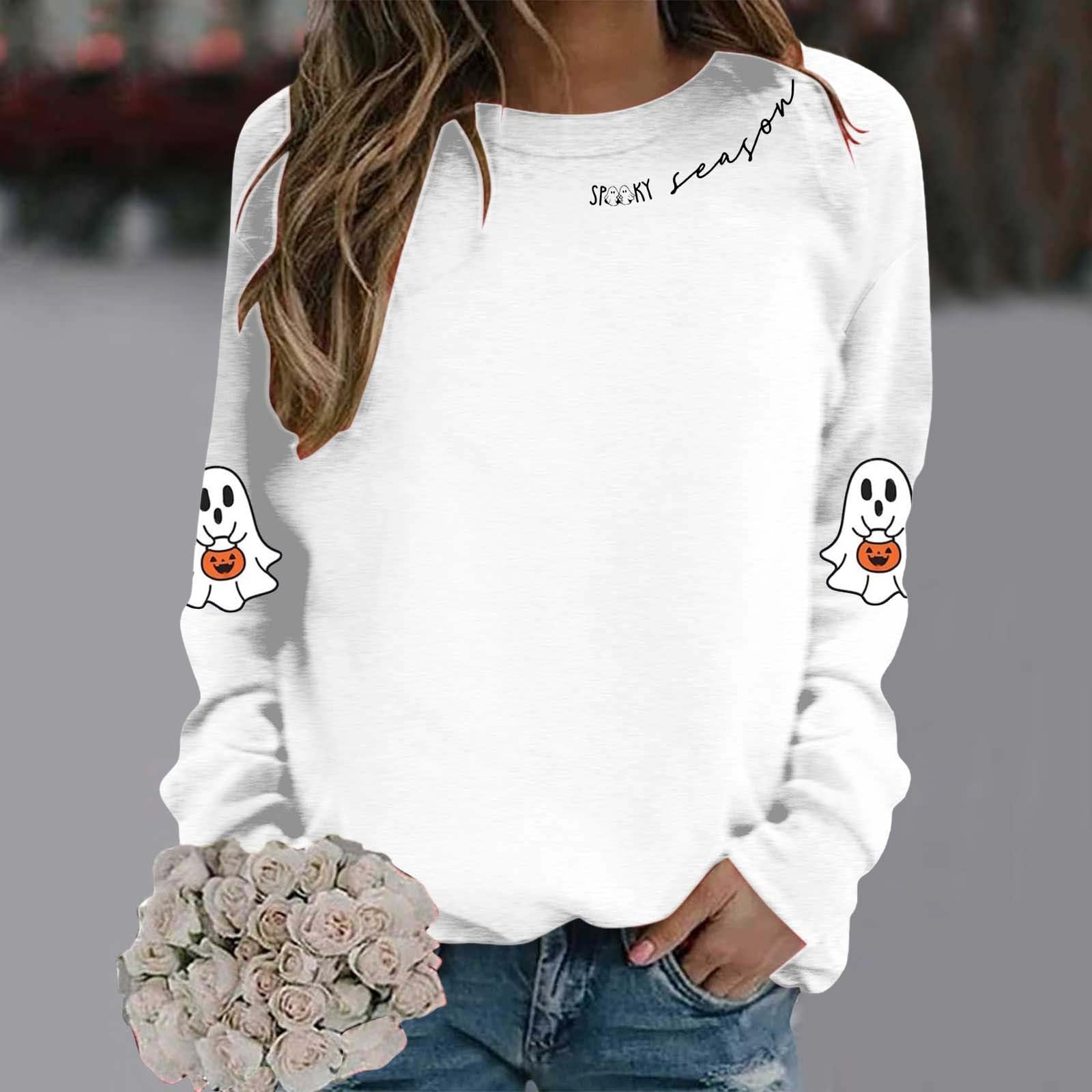 

Women s Fashion Casual Round Neck Long Sleeve Print T-shirt Top(Spooky Season) XXL белый