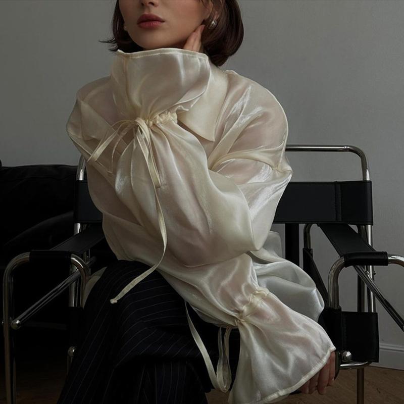 Fashion Loose Beige Shirt Women's Casual Sun Protection Solid Button Outwear Shirt Long Sleeve Top Thin See Through Shirt
