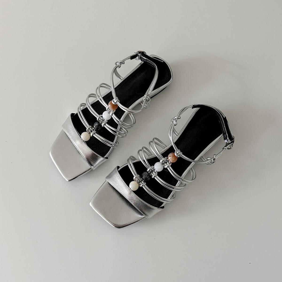 

Sheepskin version~ Square head retro vacation style beaded word with Roman sandals low heel open toe with skirt beach shoes 40