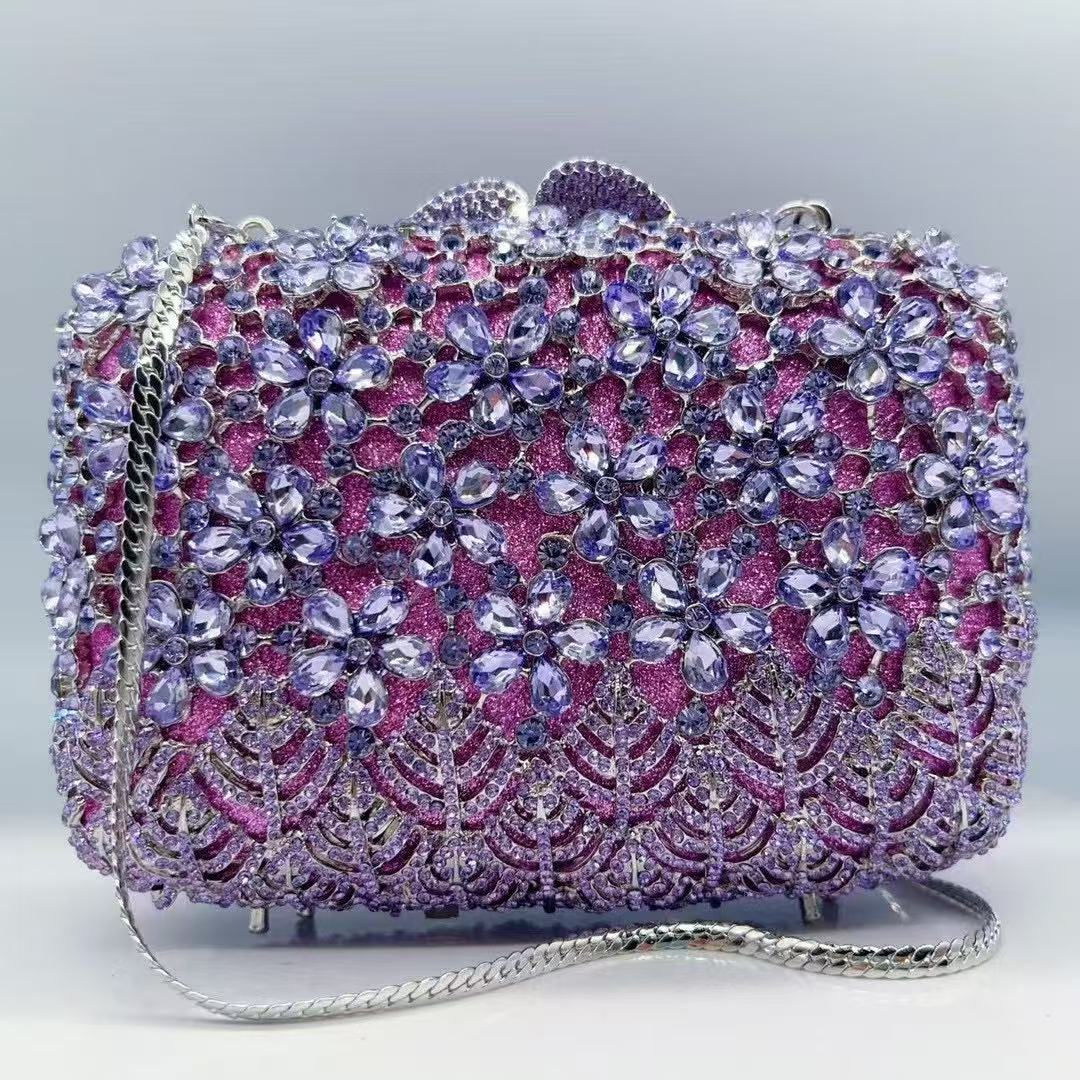 

Luxury Women s Crystal Evening Clutch Handbag Rhinestone Diamonds Gold/Silver/Purple Party Prom Hard Metal StonesLadies Clutch 18cmX12cmX6cm фиолетовый