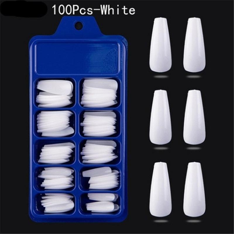 

100 шт./коробка Candy Colors Накладні нігті DIY Nail Art Акрилові довгі шпильки Повне покриття Труна Балетні наконечники для нігтів білий