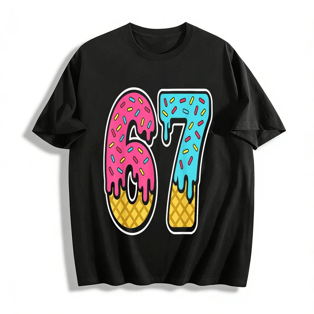 Cute Ice Cream Number 67 Graphic Print Casual Short Sleeve Top Pure cotton T-shirt XXS