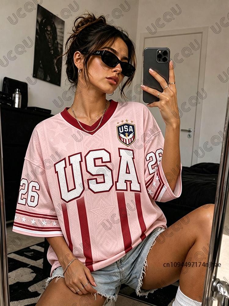 Summer New USA No.26 Print T-shirt For Women V-Neck Short Sleeve Tees Sports Football Jersey Y2K Casual Loose Oversized Tops