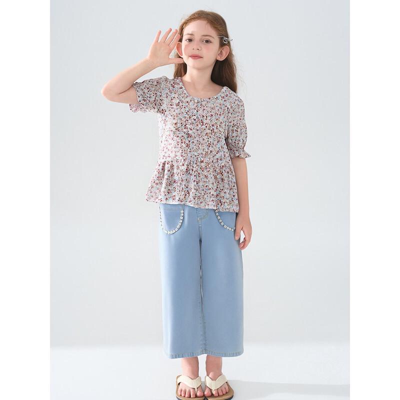 Girls  French Floral Short Sleeve Shirt & High-Waist Jeans Set 110