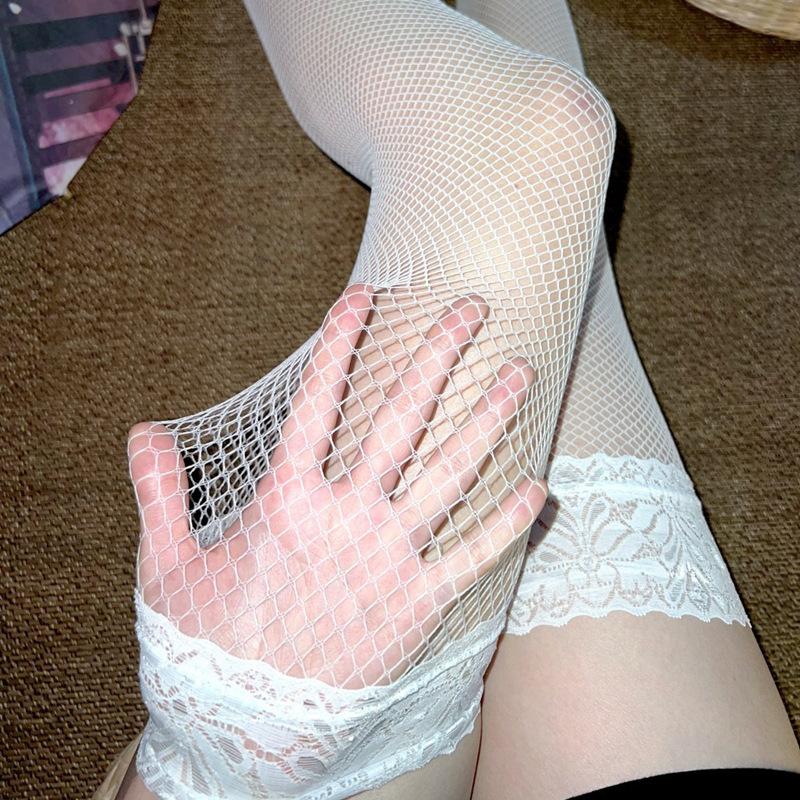 Black White Red Lace Top Silicone Hold Up Thigh High Stockings Women Sexy Fishnet Transparent Lingerie Hot Pole Dance Clubwear