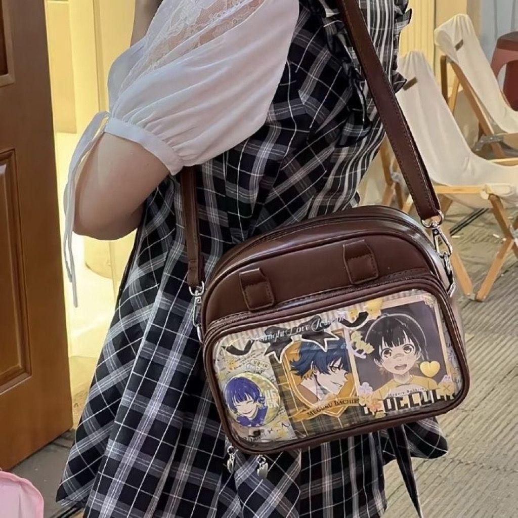 

Cute Anime Transparent Pin Display Ita Bag Women PU Leather Small Capacity Bowling Handbag Ladies Coffee Versatile Crossbody Bag кофейный