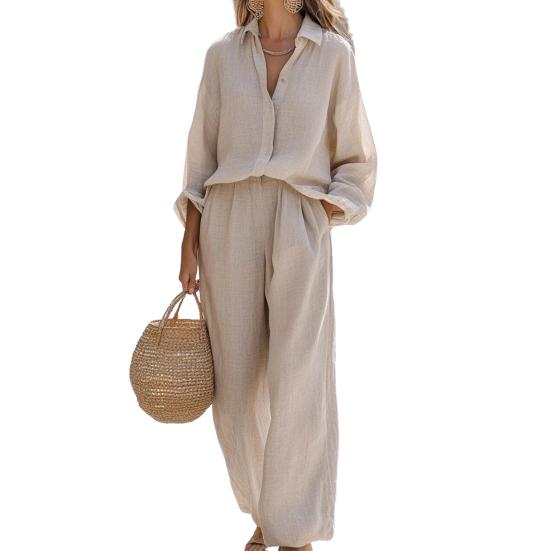 Damen Casual Zweiteiler Outfit Langarm Button-Down T-Shirt und Weitbein Hose Set Herbst Frühling Lounge Set