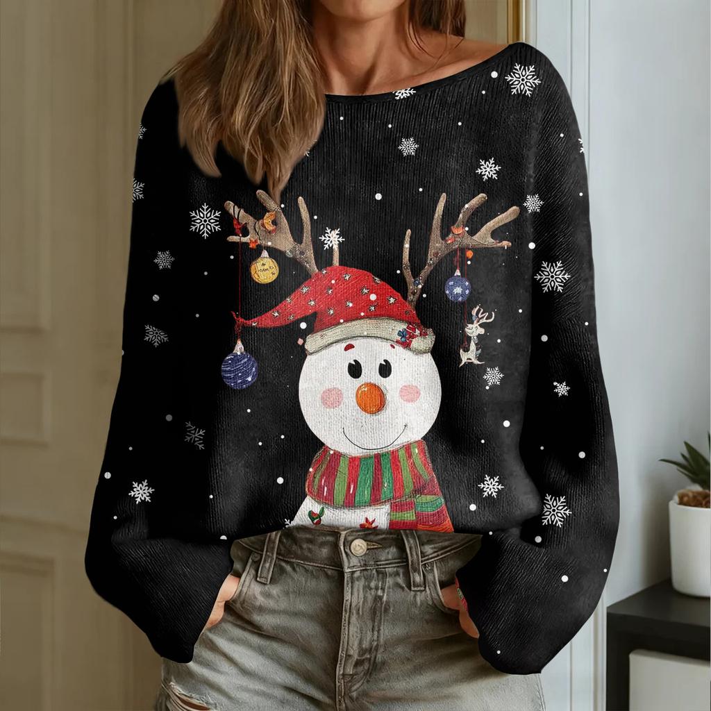 Women's Fashion Round Neck Long Sleeve Christmas Print Casual Pullover Sweater Top