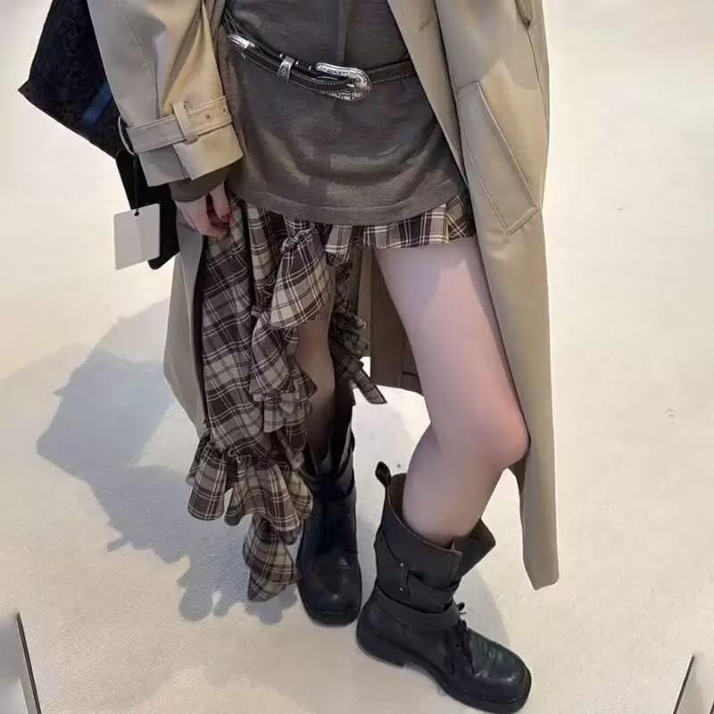 New Style Luxury Pleated Buckle Knight Boots for Women Autumn Brown Leather Mid Calf Boots Woman Slip-On Thick Heel Riding Boots